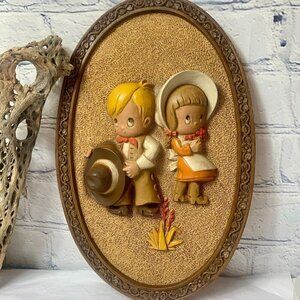 Vintage Homco Hubbell Western Cowboy Cowgirl 3D Oval Plaque